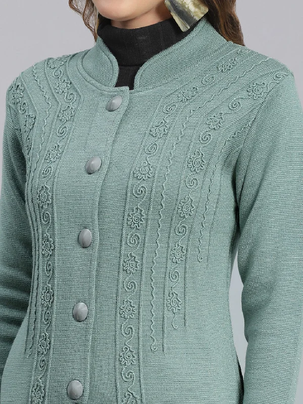 Women Green Self Design Mandarin Collar Full Sleeve Coats