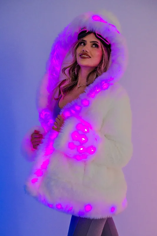 Women's LED Petite Playa Coat in ""White Faux Fur ""