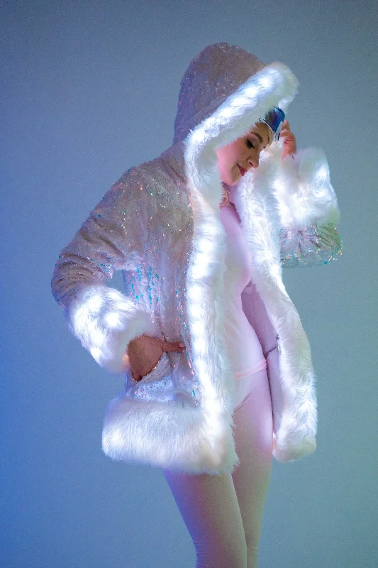 Women's LED Petite Playa Coat in ""White Velvet Unicorn Sequin ""