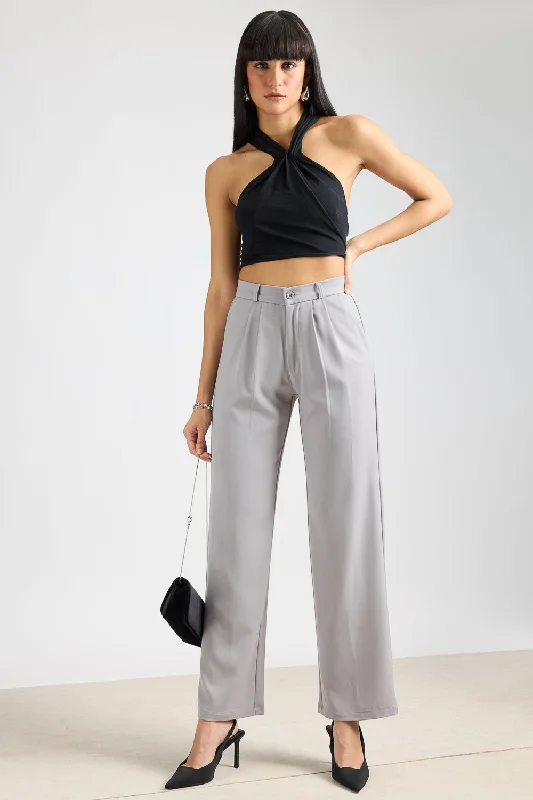 Light Grey Pleated Straight Fit Korean Pant