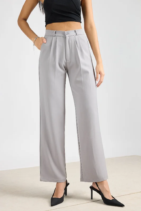 Light Grey Pleated Straight Fit Korean Pant