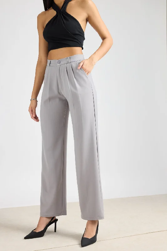 Light Grey Pleated Straight Fit Korean Pant