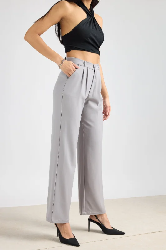 Light Grey Pleated Straight Fit Korean Pant