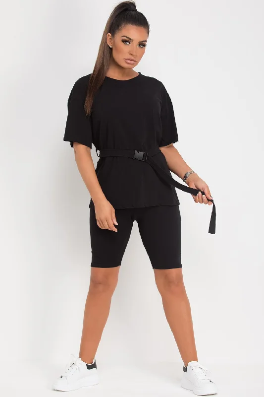 Black Cycling Shorts And Oversized Top Set With Utility Belt