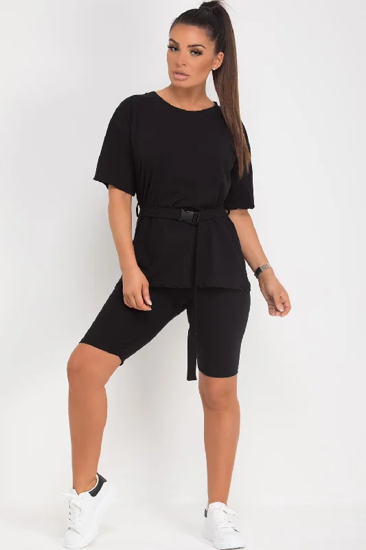 Black Cycling Shorts And Oversized Top Set With Utility Belt