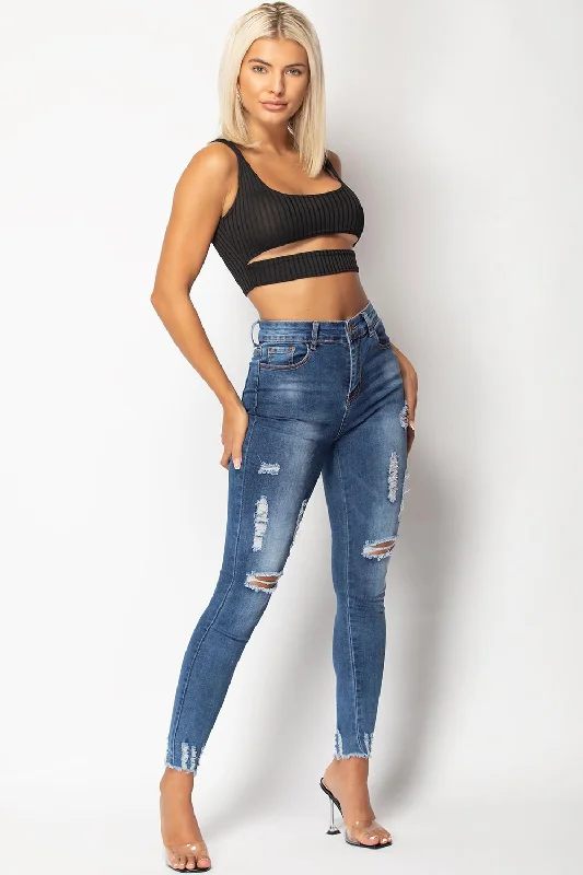 Black Front Cut Out Rib Crop Top