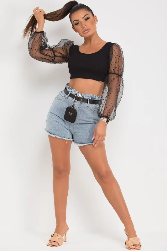 Black Polka Dot Organza Sleeve Ribbed Crop Top