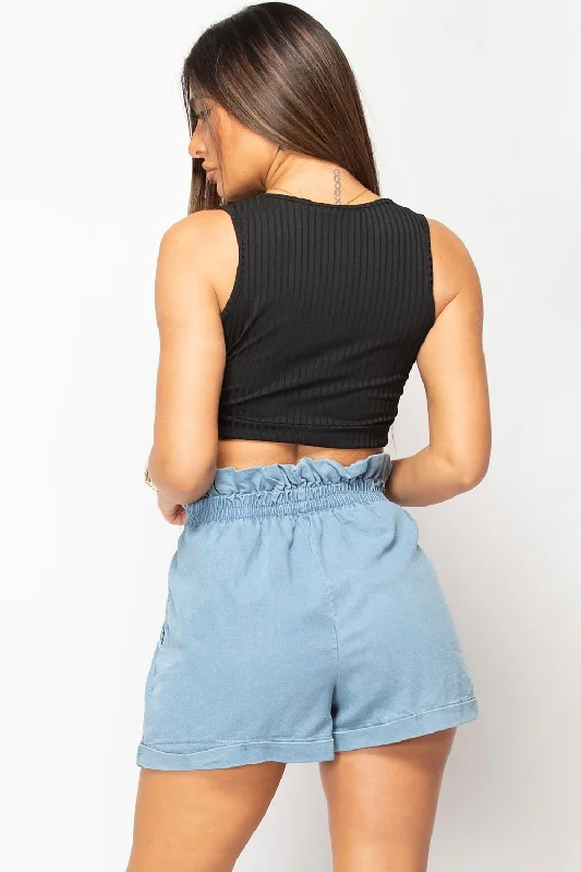 Black Ribbed Button Front Crop Top