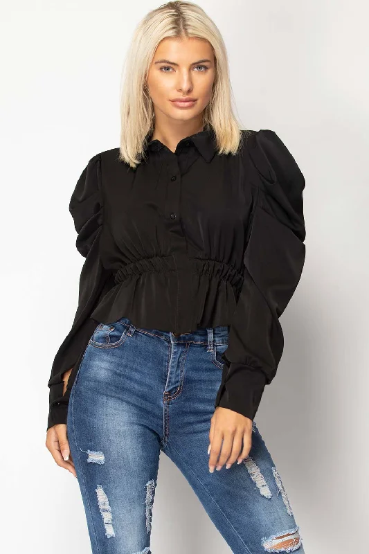 Black Ruched Sleeve Button Front Top