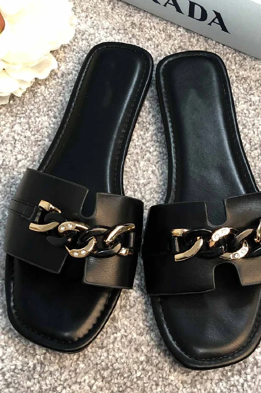 Black Slider Sandals With Chunky Chain