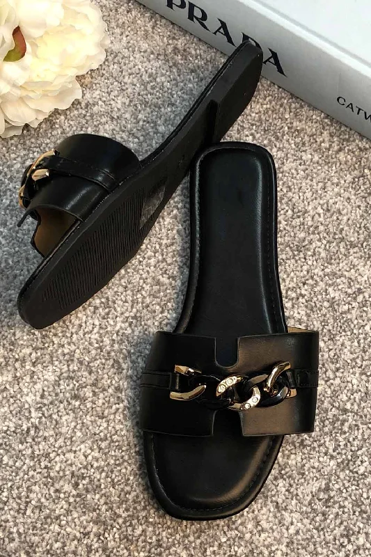 Black Slider Sandals With Chunky Chain