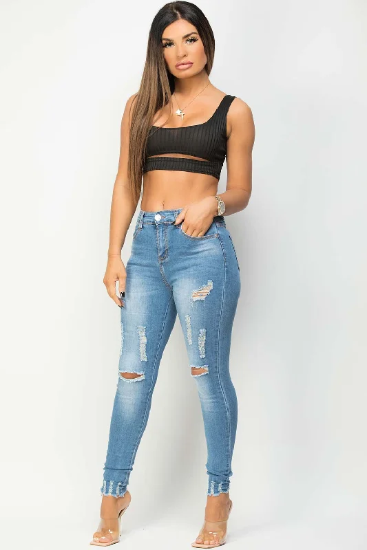 Blue High Waisted Ripped Skinny Jeans