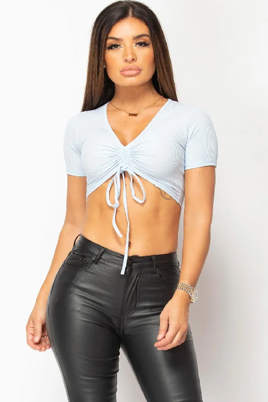 Blue Ruched Front Crop Top