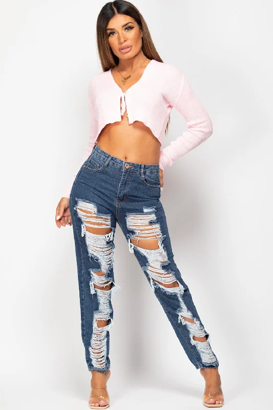 Distressed High Waisted Mom Jeans Mid Wash