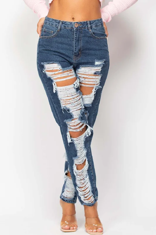 Distressed High Waisted Mom Jeans Mid Wash