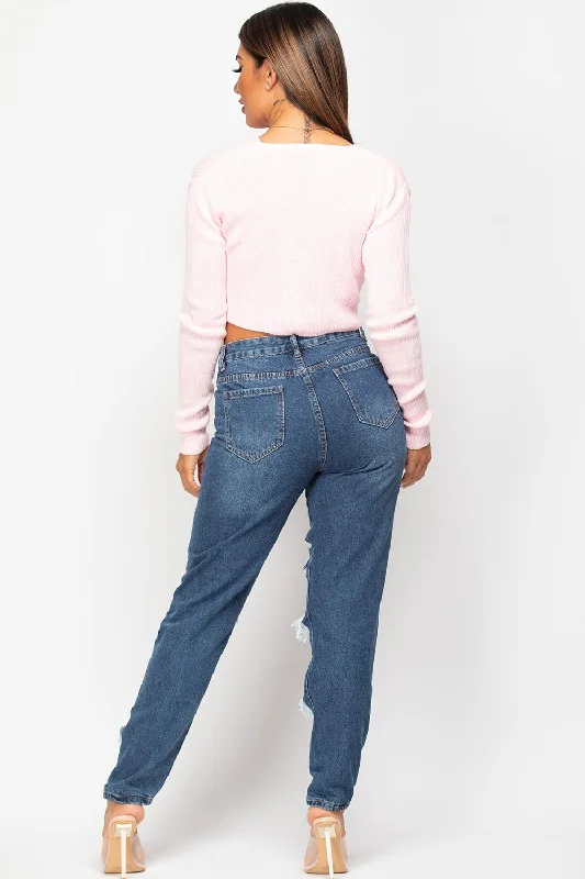 Distressed High Waisted Mom Jeans Mid Wash