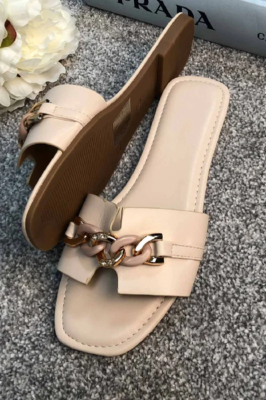 Flat Slider Sandals With Gold Chain Beige