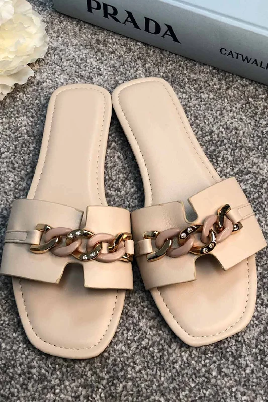 Flat Slider Sandals With Gold Chain Beige