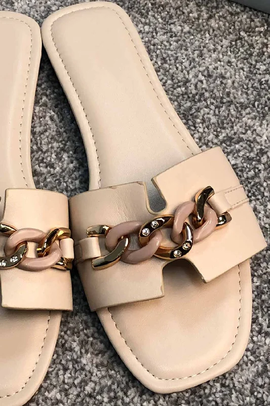 Flat Slider Sandals With Gold Chain Beige