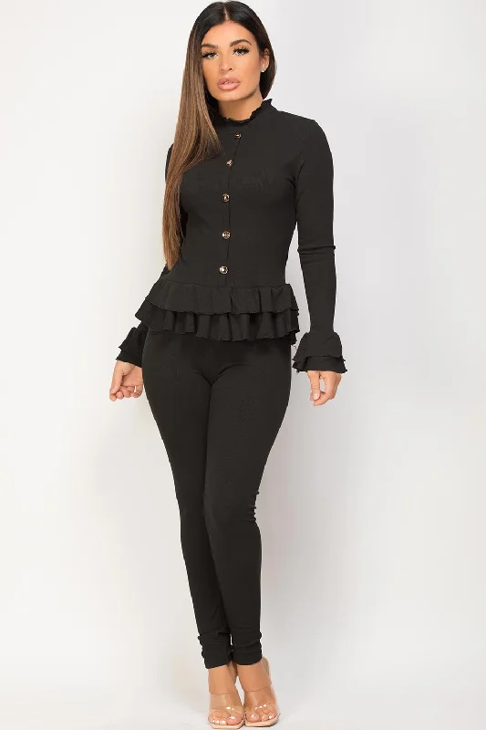 Frill Detail Button Front Loungewear Set Black