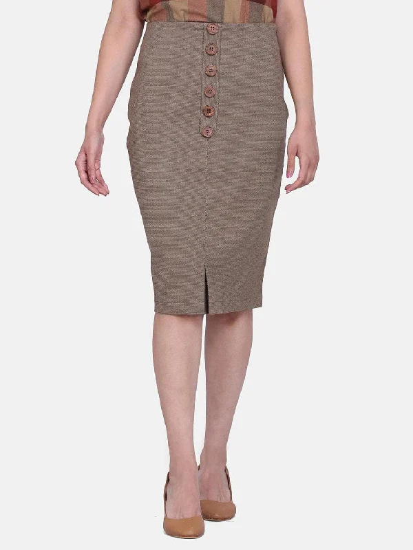 Button Detail Cotton Pencil Skirt - Ginger Brown