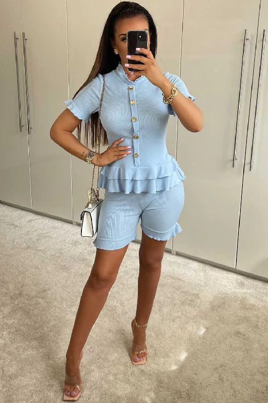 Gold Button Frill Hem Rib Top And Shorts Set Sky Blue