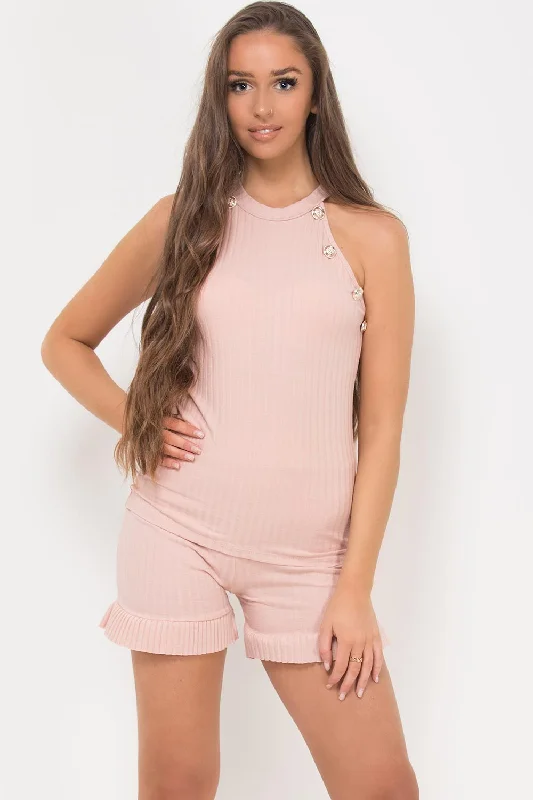 Gold Button Ribbed Top And Shorts Set Pink