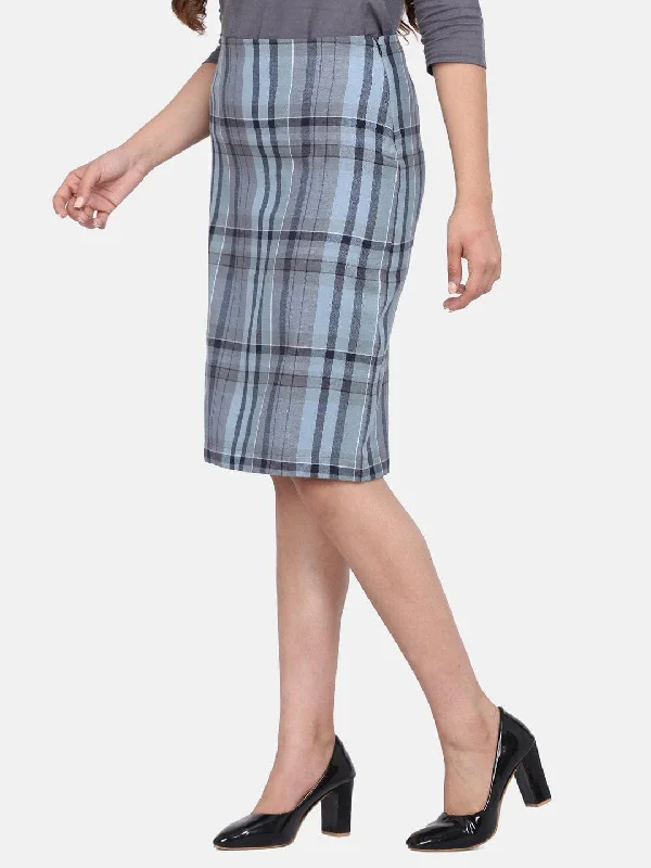 Checkered Straight Cotton Skirt - Grey