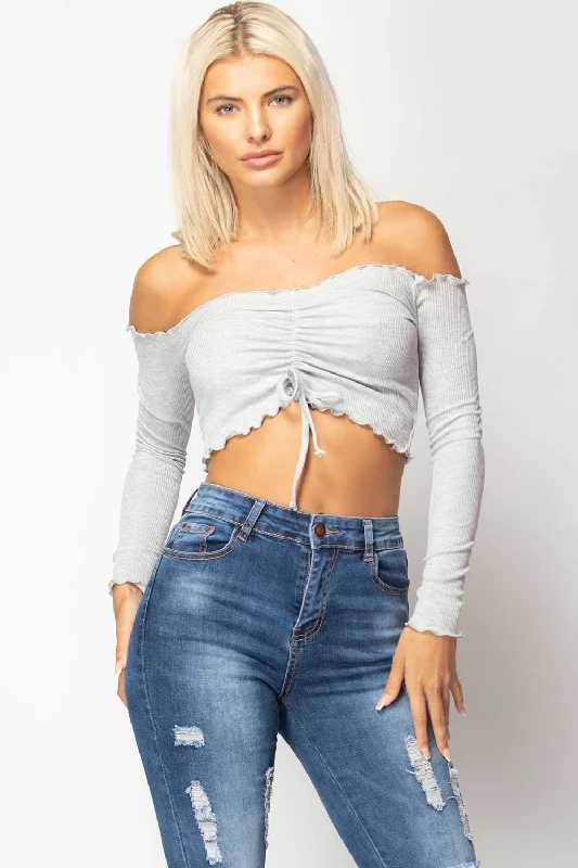 Grey Ruched Detail Long Sleeve Bardot Crop Top