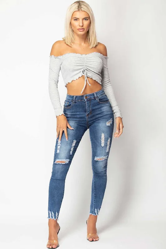 Grey Ruched Detail Long Sleeve Bardot Crop Top