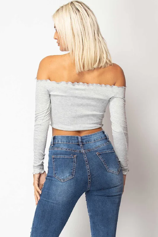 Grey Ruched Detail Long Sleeve Bardot Crop Top