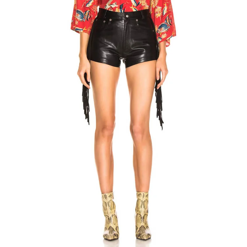 Lambskin Leather Mini Cropped Biker Shorts with Side Fringe for Women