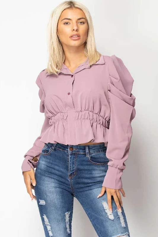 Lilac Ruched Sleeve Button Front Top