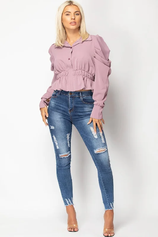 Lilac Ruched Sleeve Button Front Top