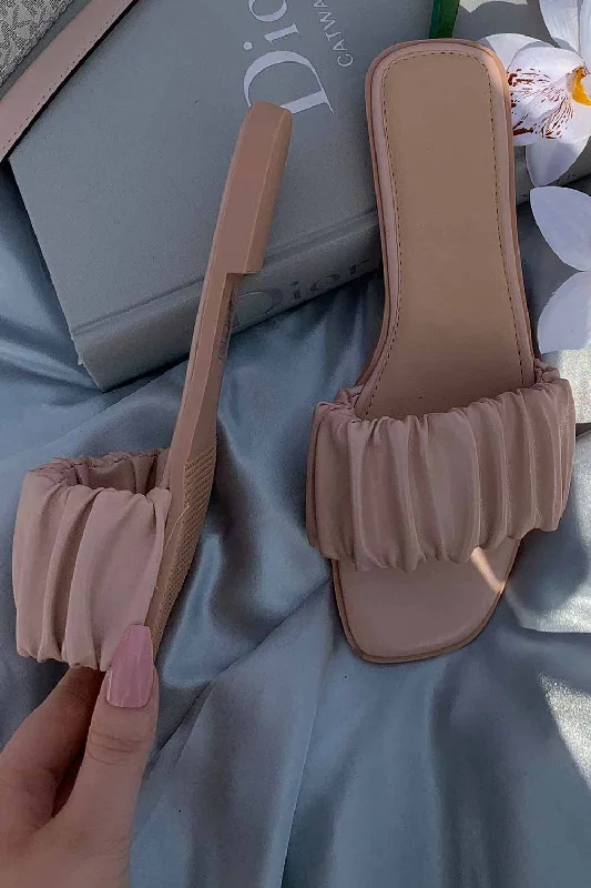 Nude Ruched Strap Sandals Slip On Sliders