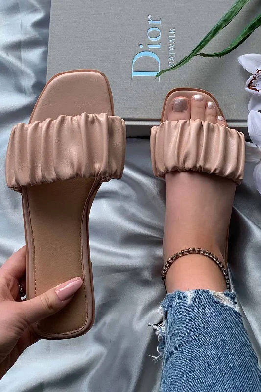 Nude Ruched Strap Sandals Slip On Sliders