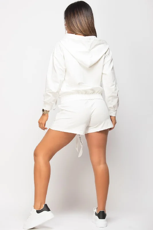 Off White Hoodie Shorts And Top Three Piece Lounge Set