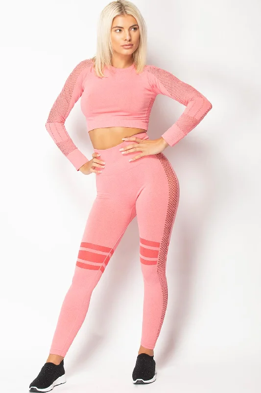 Pink Seamless Fitness Leggings And Top Gym Set