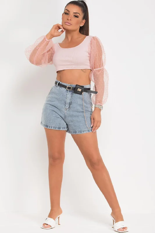 Polka Dot Organza Sleeve Ribbed Crop Top Pink