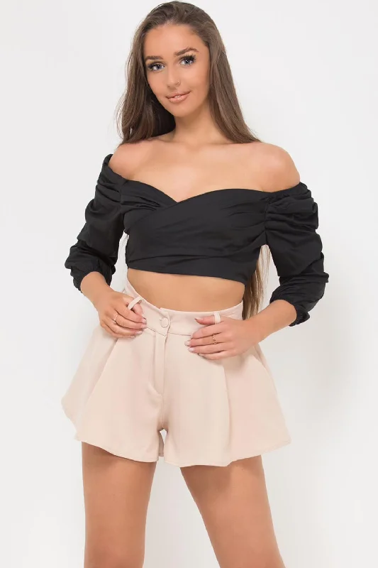 Puff Sleeve Wrap Crop Top Black