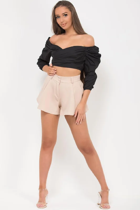 Puff Sleeve Wrap Crop Top Black