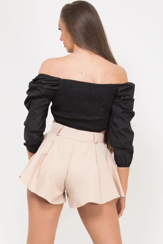 Puff Sleeve Wrap Crop Top Black