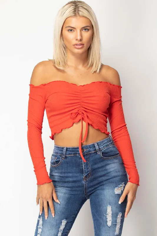 Red Ruched Front Long Sleeve Bardot Crop Top