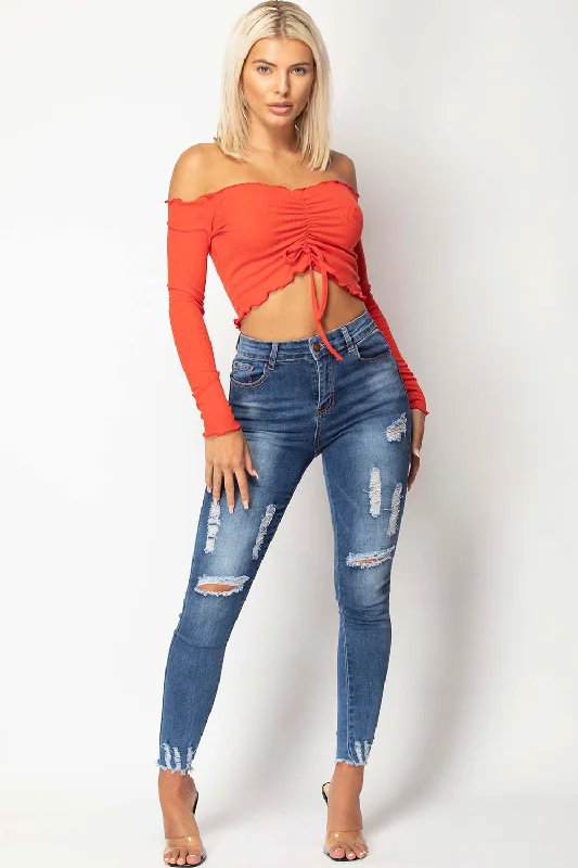 Red Ruched Front Long Sleeve Bardot Crop Top