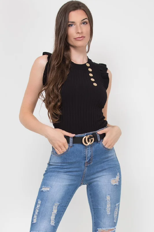 Black Ribbed Sleeveless Frill Detail Gold Button Top