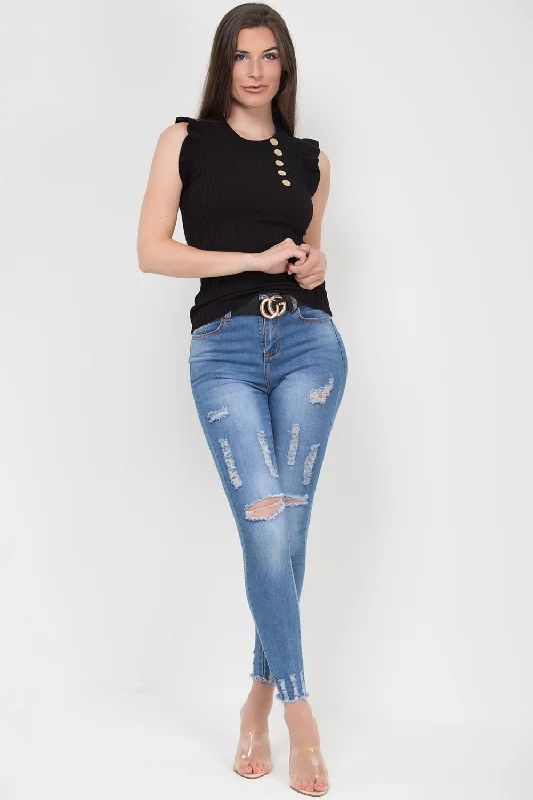 Black Ribbed Sleeveless Frill Detail Gold Button Top