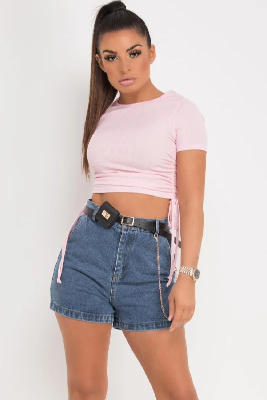 Ruched Side Rib Crop Top Pink