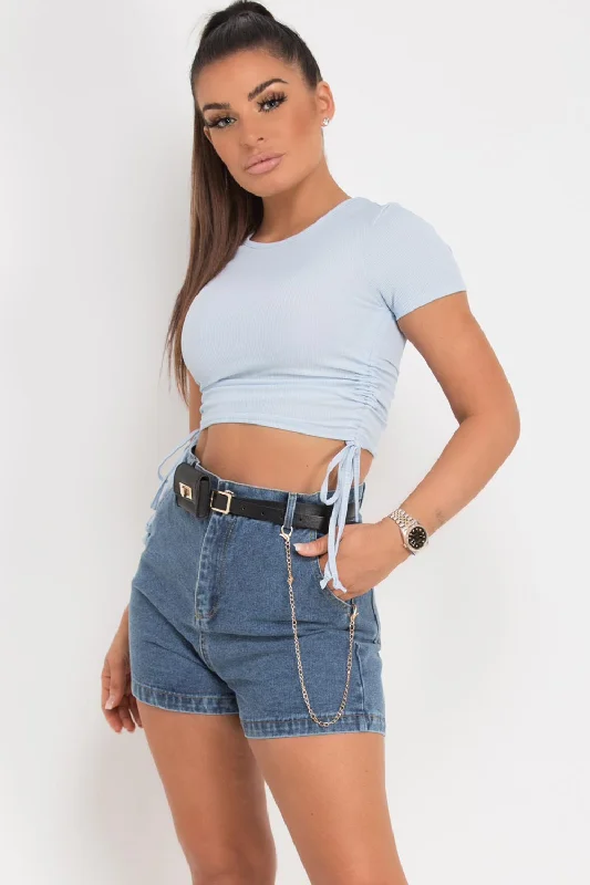 Ruched Side Rib Crop Top Sky Blue