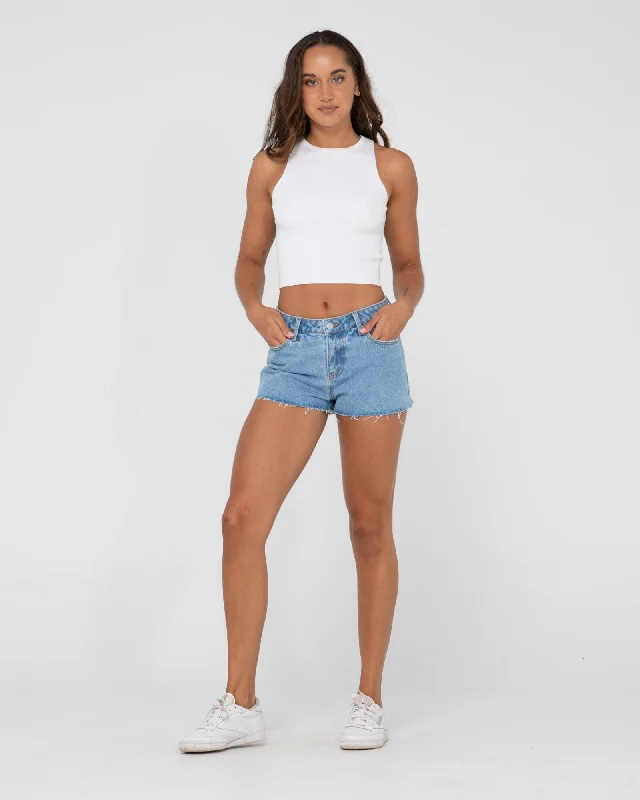 Rusty Malta Low Rise Frayed Denim Shorts