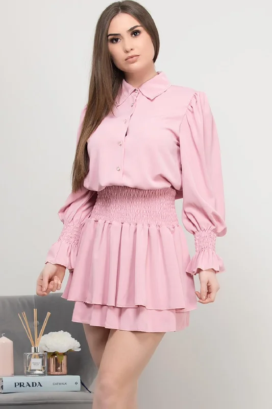 Shirt And Pleated High Waisted Skirt Co-Ord Set Pink